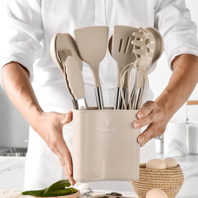 13 PCS Silicone Kitchen Utensil Set Stainless Steel Handle Kitchen Cooking Baking Tools Kitchenware Accessories Storage Bucket