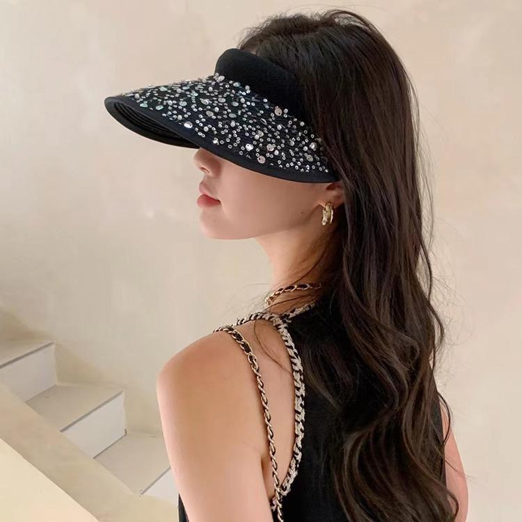 Fortgeschrittener Zigeuner Strass Stroh Leerer Zylinder Damen Sommer Ausflug Meer Sonnenschutz Schatten Stirnband Hut