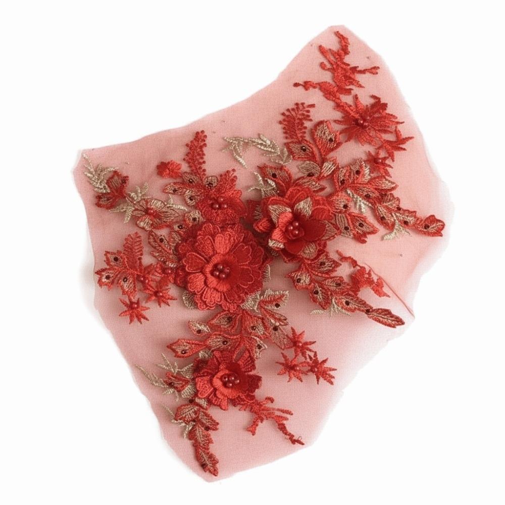 3D Flowers Sequin Applique Rhinestone Embroidered Beaded Mesh Lace Fabric Trim Floral Lace Big Size Embroidered Flower Applique красный