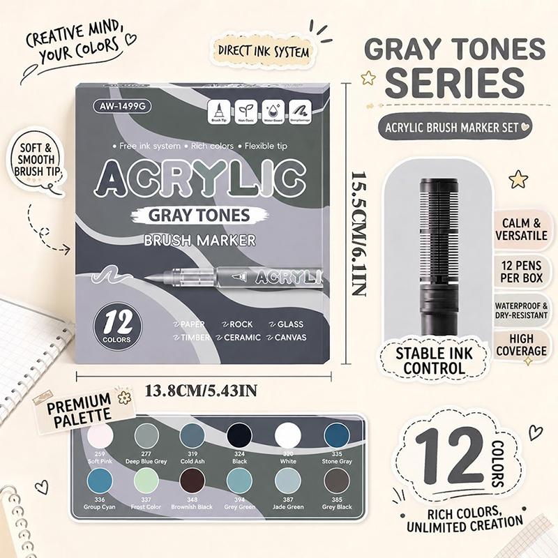 12 Colors Acrylic Markers Soft Brush Pen Tip 7 Color Systems For Drawing Anime Painting DIY Rock Halloween Gifts Art Supplies