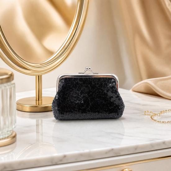 Women Coin Purse, with Metal Hinge And Kiss-lock Design, Lightweight Portable Mini Wallet, with Sequined Glitter Vintage Pouch for Coins Cards