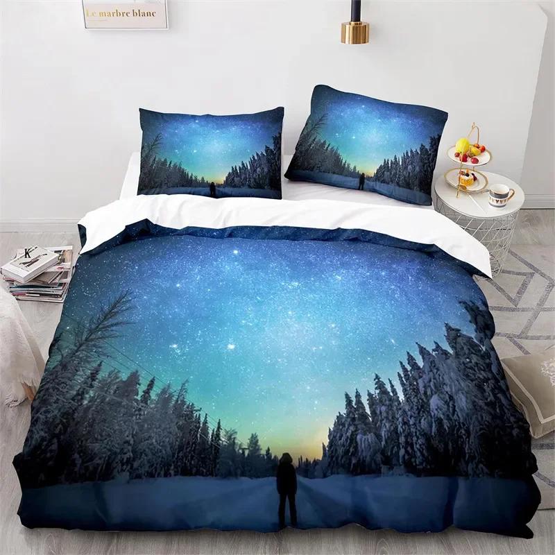 Starry Sky Galaxy Duvet Cover Natural Scenery Bedding Set Microfiber Aurora Comforter Cover King Size For Kids Adult Room Decor