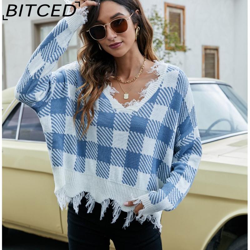 BITCED Women's Oversized Cropped V-Neck Sweater Women's Knit Sweater with Fringe for Fall/Winter