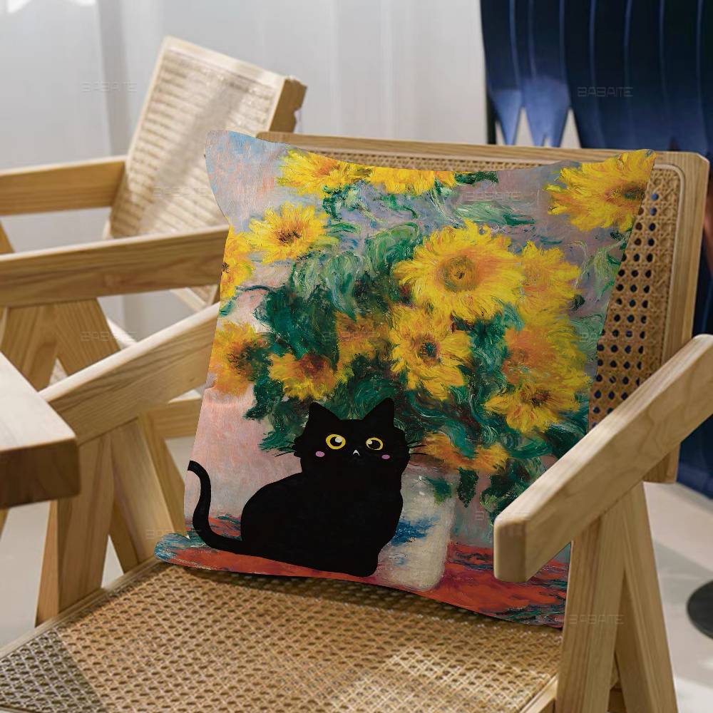 Svart Katt Van Gogh Kuddfodral Tecknad Gåva Kuddfodral Sovrum Hem Soffa Stol Säte Dekor Kuddfodral