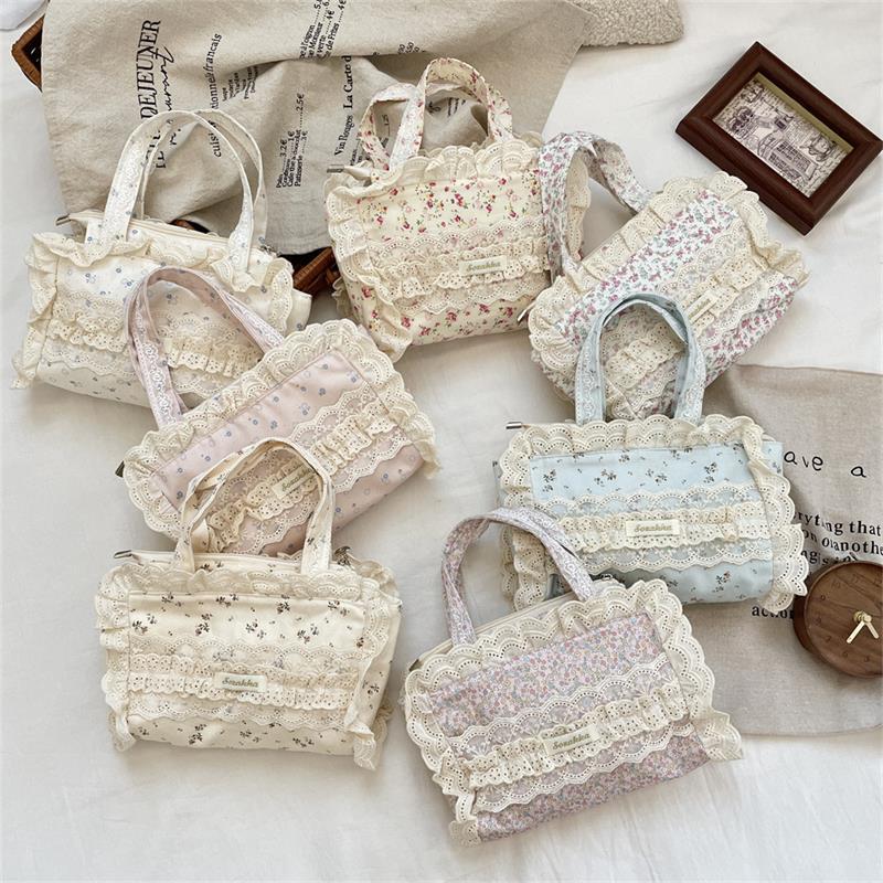 Cute Sweet Lace Floral Handbag Large Capacity Casual Commuting Tote Bag Portable Storage Bag Girl Heart Clutch Cosmetic Bag Gift