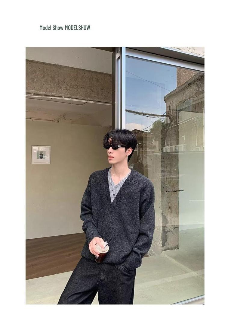 Men's V-Neck Two-Piece Look Hoodie - Textured, Loose Casual Sweater for Spring/Autumn