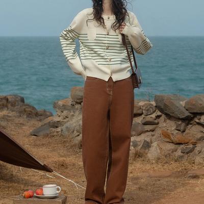 New Autumn and Winter Temperament Striped Knitted Sweater Retro Grandma Cardigan Round Neck Thick Sweater Jacket Women's Top