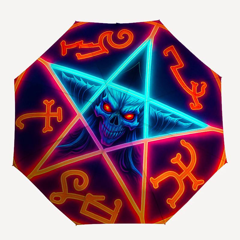 Neon Pentagram Skull Umbrella, Portable 3-Fold Compact Umbrella,Mother's Day Halloween