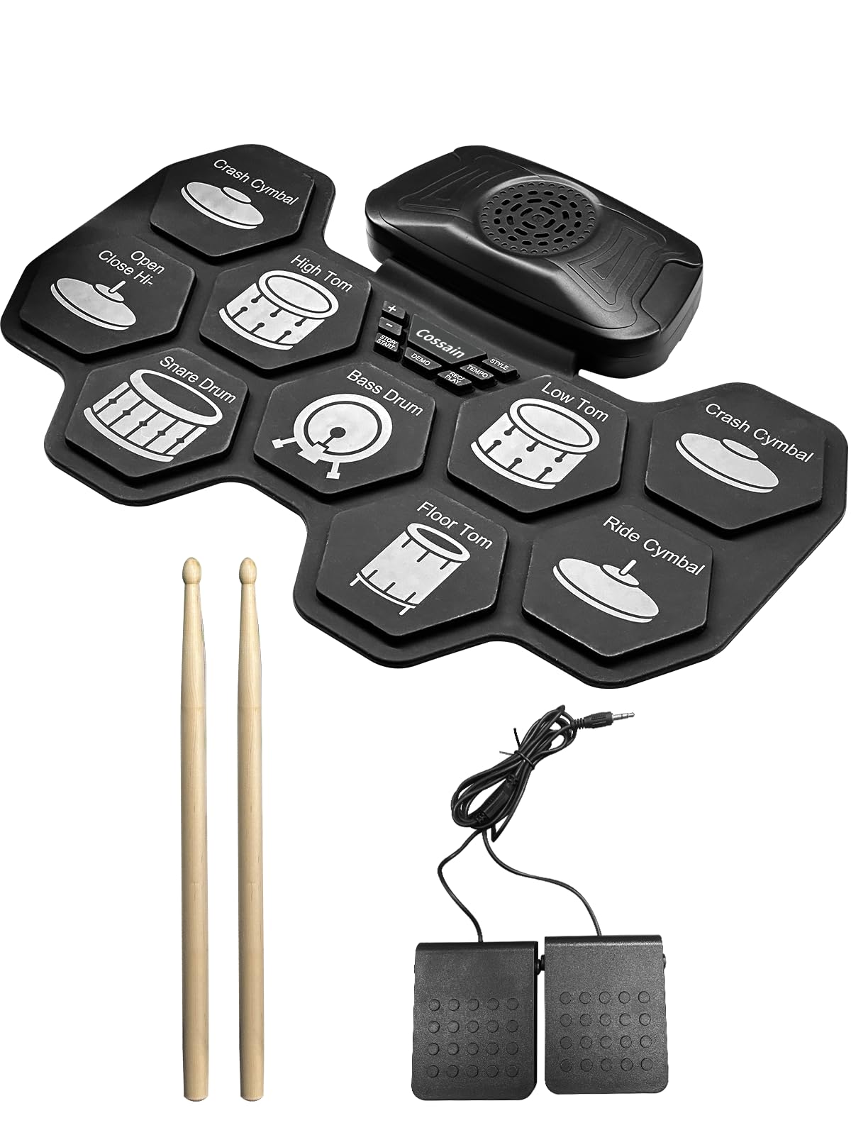 

Cossain Retractable Electronic Drum Set with 9 Pads, 10 Demo Songs + 10 Rhythms Built-in, 3 Drum Styles, Easy Smartphone/PC Connection via Type-C Powe