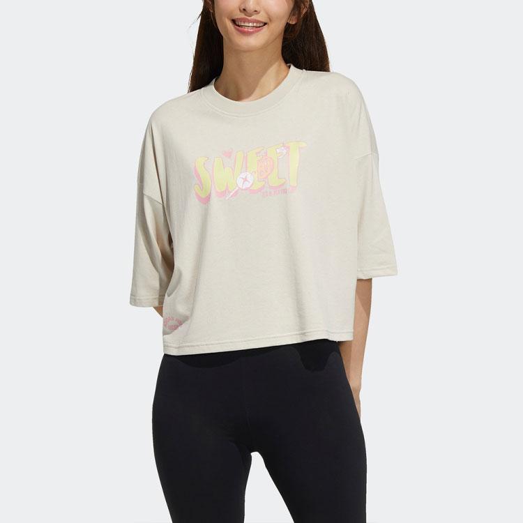 Adidas Neo Allover Logo Print Sports T-Shirt Women Tops Alumina-Brown H62002