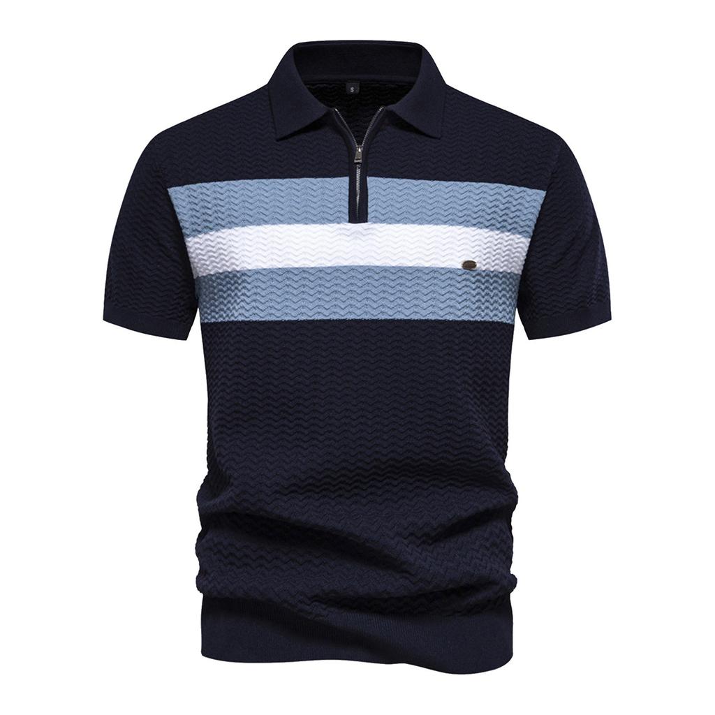 Men's Knitted Shirt Striped Woolen Lapel Short Sleeved Top Casual T-shirt