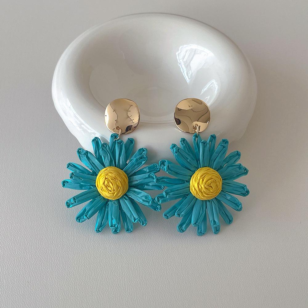 Colorful Raffia Flower Dangle Earrings - Summer Beach Vacation Style, European & American Fashion.