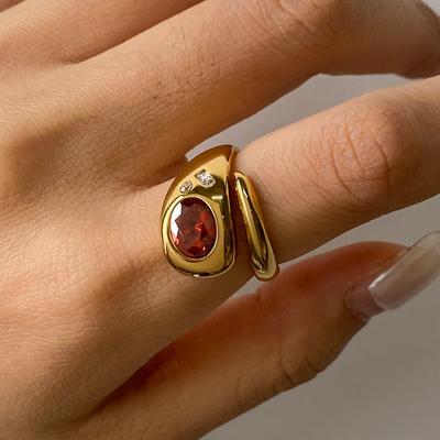 18K Gold Plated Red Zircon Double Layer Opening Ring for Women Minimalist Stainless Steel Waterproof Jewelry Statement Gift