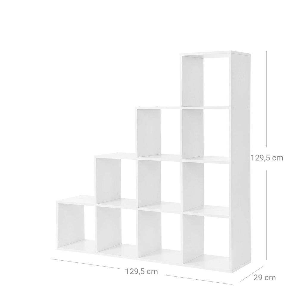 VASAGLE Bookcase, Stair Organiser, 10 Open Cubes, Wooden Display Shelf, Free Standing Shelf, 129.5 x 29 x 129.5 cm, Room Divider, White