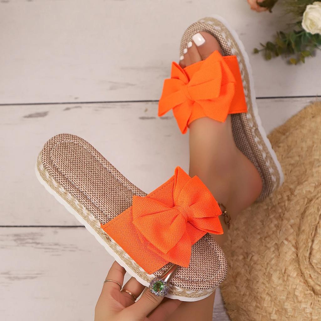 Fashion Women Slippers 2025 New Casual Home Slippers Cute Linen Slides Women Summer Bow-knot Soft Floor Sandals Indoor Flat Shoes