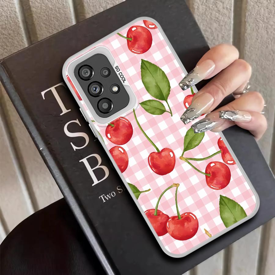 Case for Samsung Galaxy A12 A31 A24 A25 A17 A20s A26 A13 A14 A35 A21s A23 A15 A16 A34 Phone Cover Cherry Checkered Pattern