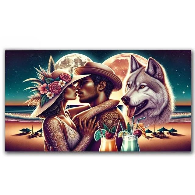 Romantic Couple And Wolf Diamond Painting New 2024 5D Large Diy Seaside Coconut Tree Landscape Full Diamond Mosaic Embroidery