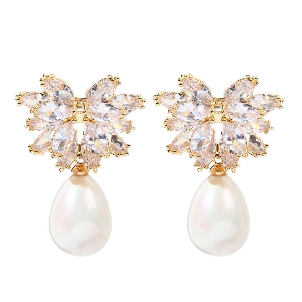 Geometric Pearl Drop Earrings With Cubic Zirconia For Elegant Women