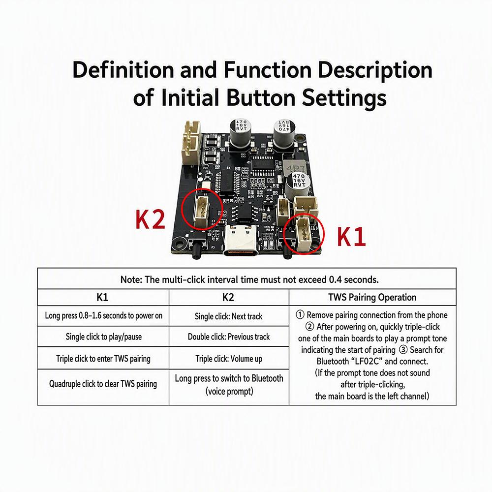 1.7V Lithium Battery Bluetooth6.1 Amplifier Module 1x1W Stereo Output AAC SBC Decoding Bass Boost for DIY Speaker Refit Project