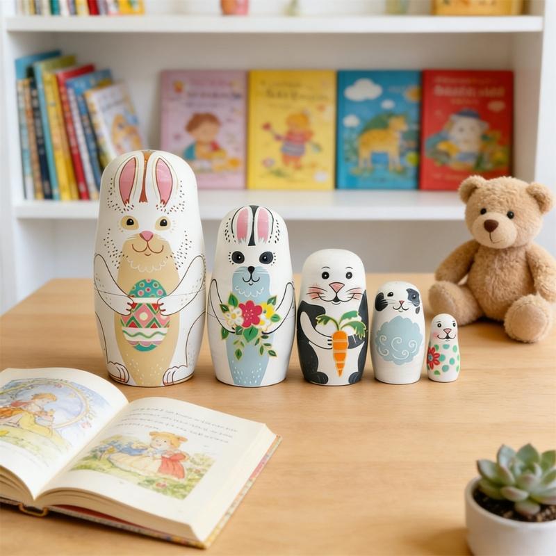 Wooden Rabbit Nesting Dolls Handcraft Russian Matryoshka Doll Stacking Toy for Easy Storage and Holiday Gift Giving