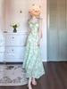 2026 French Elegant Green Floral Cap Sleeve Cinched Waist Dress