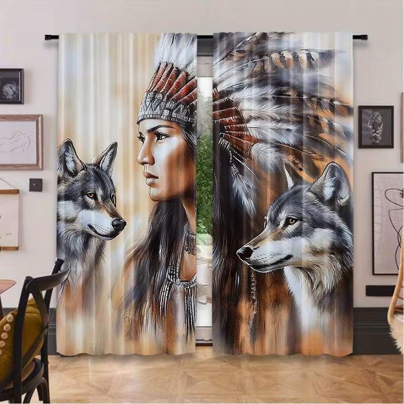 

2 шт. Шторы с принтом «Индейцы и волки», подходят для спальни, гостиной, кухни, декора дома, декора окон 100*130 Rod Pocket 1pcs