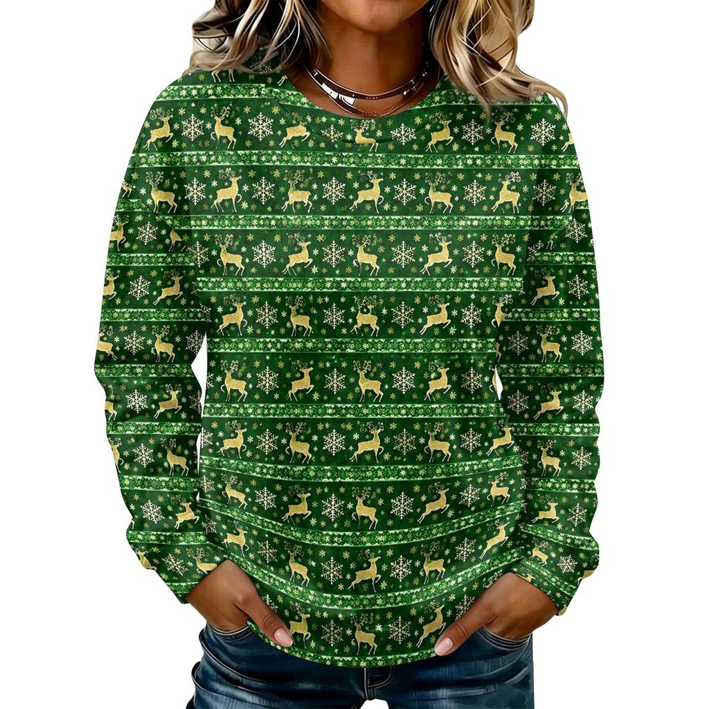 Women's Casual Long Sleeve Christmas Print Crewneck Sweatshirt Top for Holiday Wear