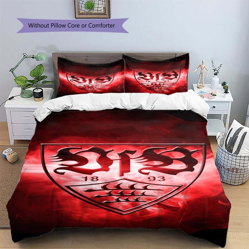 VfB Stuttgart Club Crest Red Smoke Print 3‑Pieces Duvet Cover Set German Soccer Fan Bedding Bedroom Home Decor Without Pillow Core Comforter