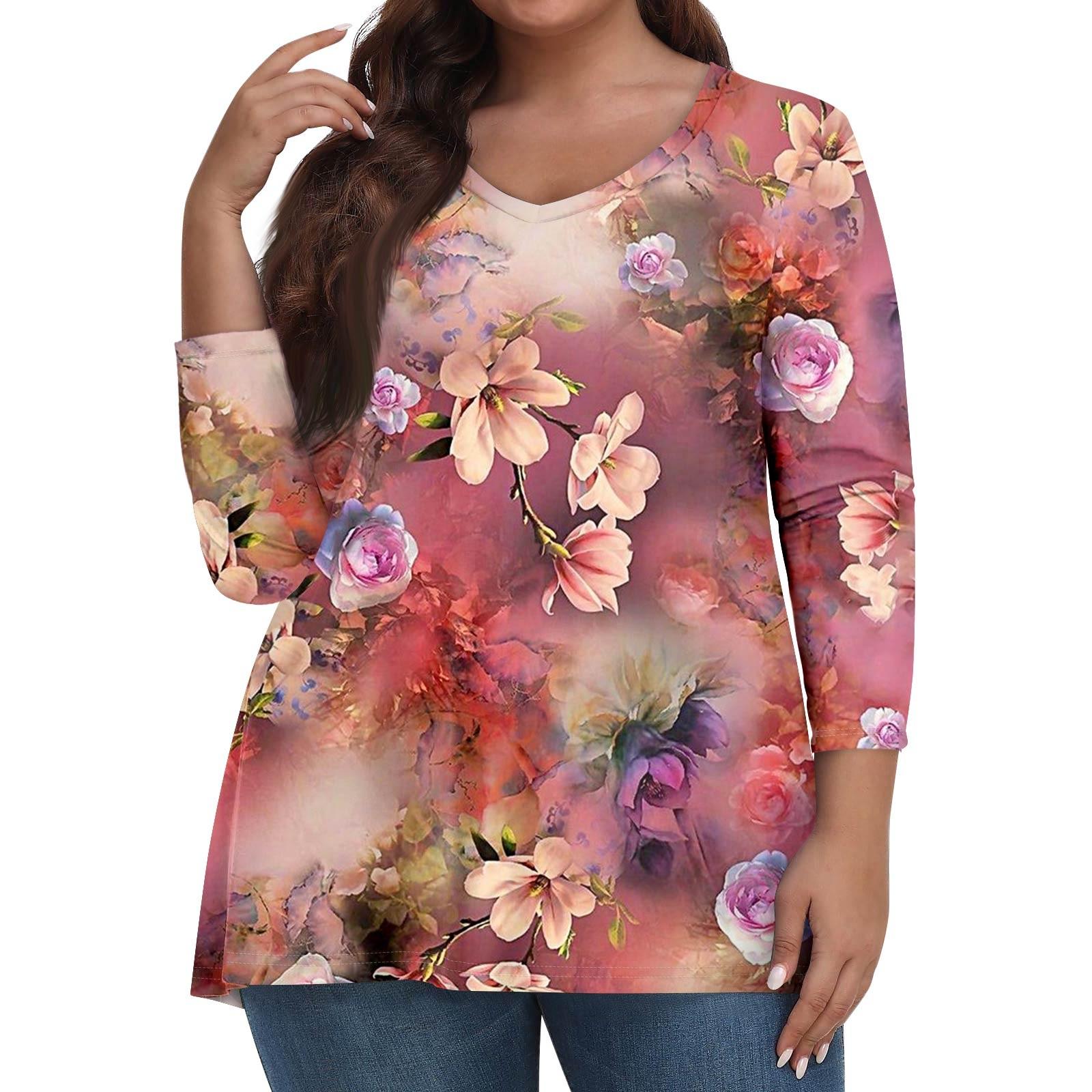 

Женские топы больших размеров, рубашки с рукавами 3/4, повседневная одежда с V-образным вырезом, топы с принтами XXL винный