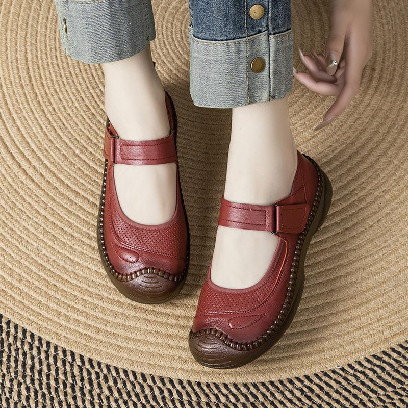 Johnature Boty z pravé kůže s měkkou podrážkou, ploché, retro, s kulatou špičkou, mělké, všestranné, pohodlné dámské boty