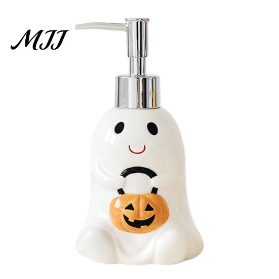 Geister Seifenspender Halloween Keramikspender, mit Edelstahlpumpe, Kürbis Nachfüllbar Festlicher Flüssigseifenbehälter, Leer Duschgel Lotion