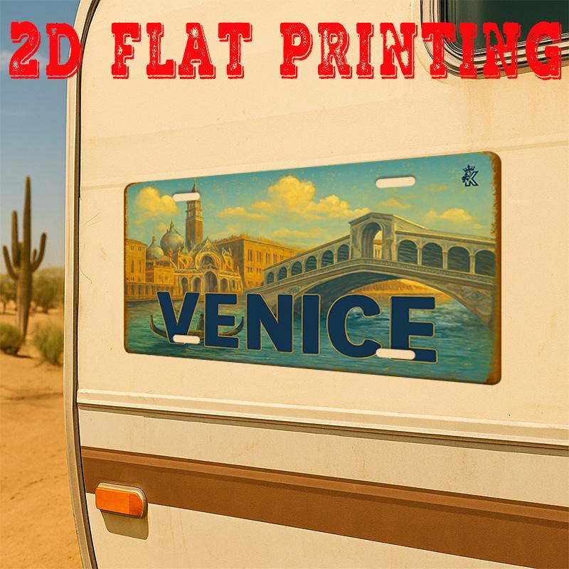 D Flat Printing Vintage VENICE with Rialto Bridge Canal Scene Illustration Aluminum Tin Painting License Plate Style Itali 15x30cm(5.9x7.8inch)