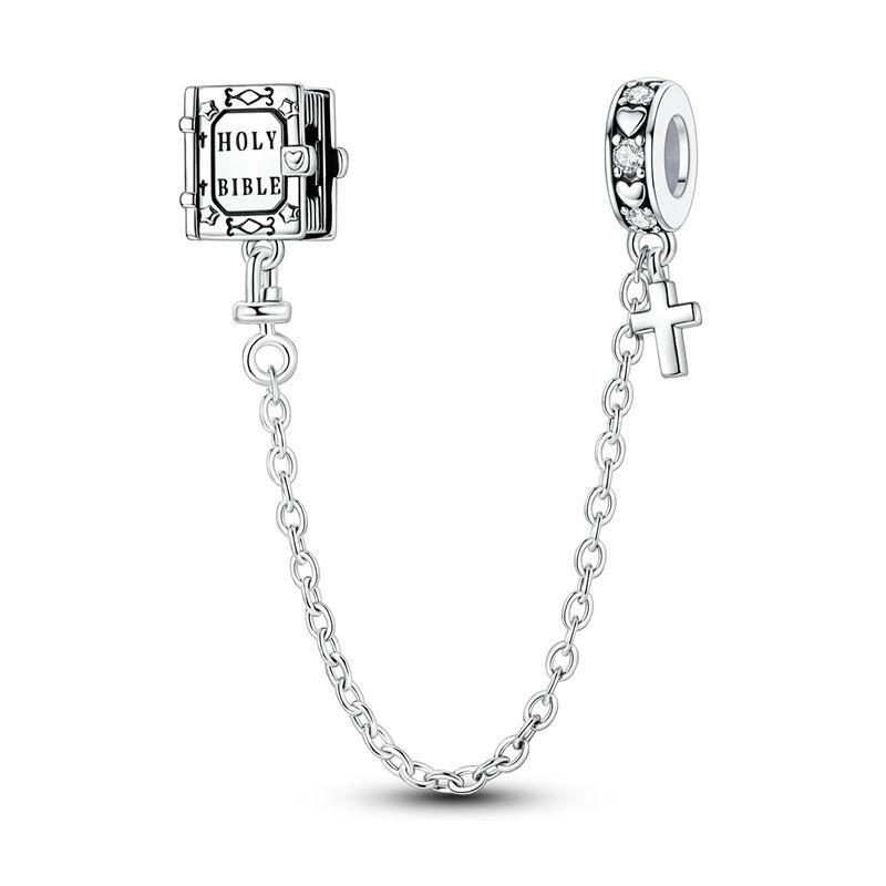 925 Silver Safety Chain Charm Bracelet Set Clover Lock Key Bear Peace Dove Fruit Decoration Beaded Fine Jewelry Gift