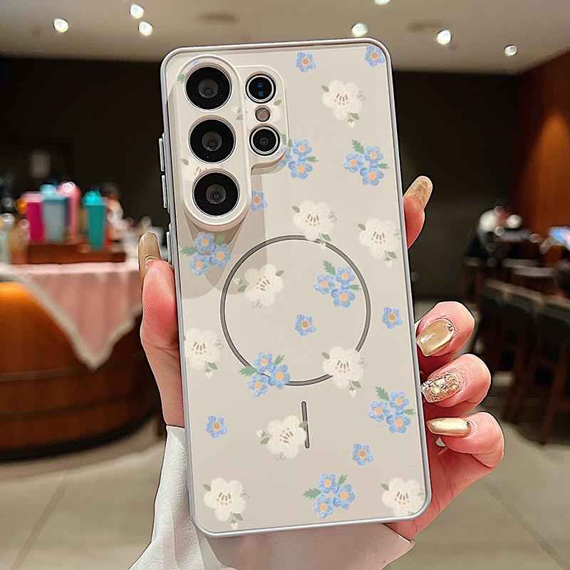 Magnetic For Magsafe Case For Samsung Galaxy S26 Ultra S25 Edge S24 Plus S23 FE S22 A54 A55 A56 5G Blue Flowers Pattern Matte Cover