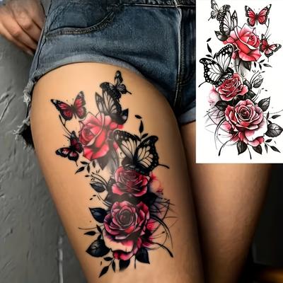 Temporary Tattoo Waterproof Fake Tattoos Red Rose 1 Sheets Sticker Tattoo Sticker Butterfly Cover Scars