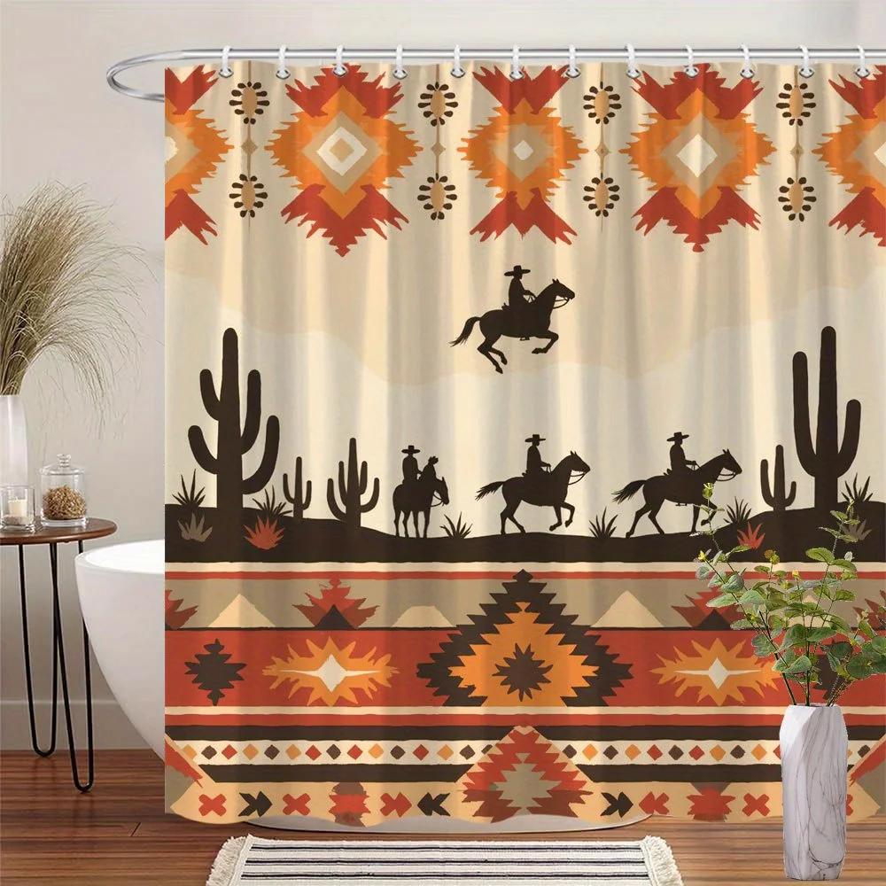 

Western Cowboy Silhouette Shower Curtain - Desert Sky & Cacti, Polyester Bath Decor, Machine Washable, Includes 12 Hooks W60H190(CM)-1 Pcs