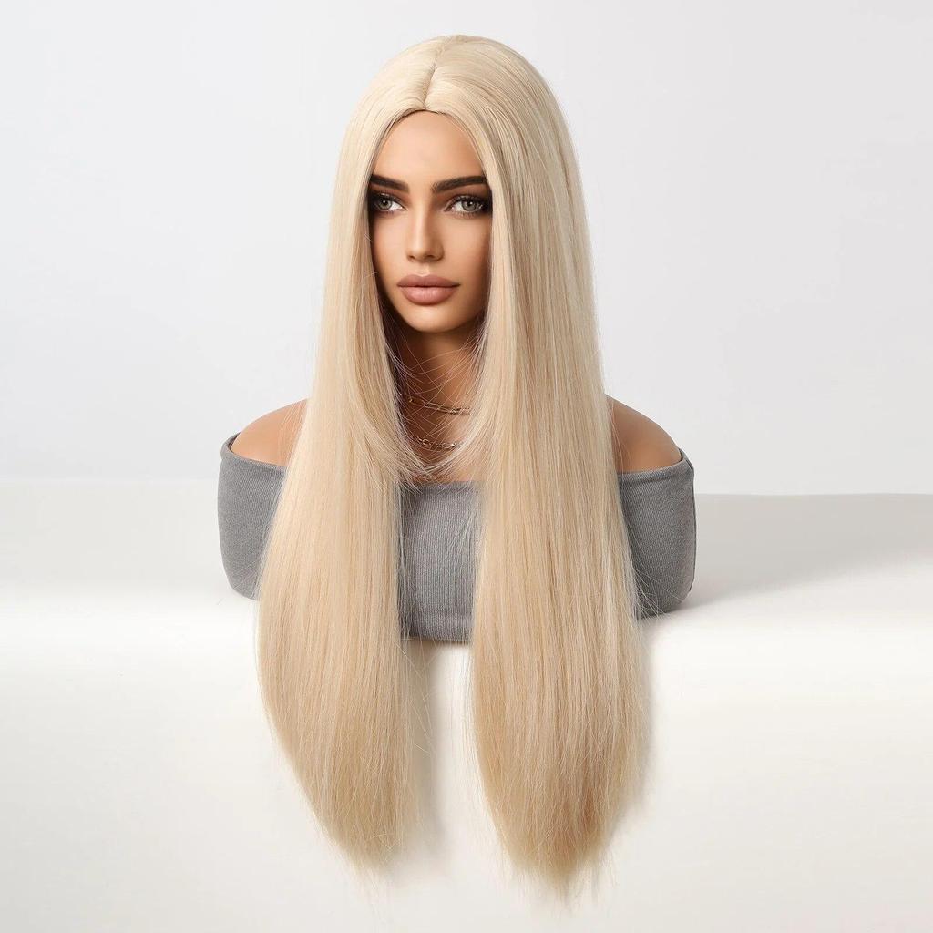 LOUIS FERRE Blonde Middle Part Synthetic Wigs for Women Girls Long Straight Natural Hair Daily Cosplay Heat Resistant Fiber Wigs