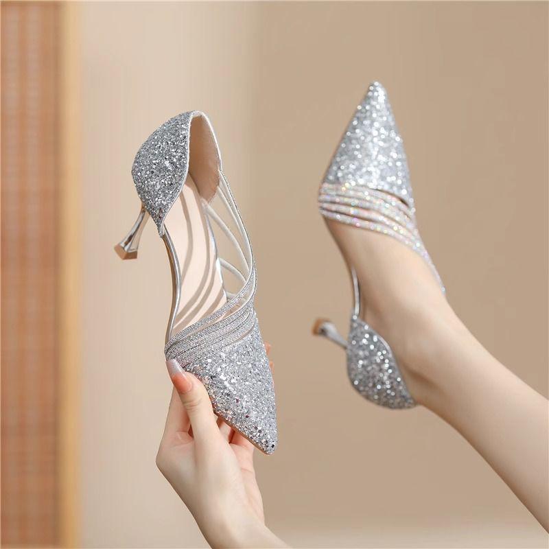 2025 Champagne Rhinestone Stiletto Heels: Elegant Pointed Toe Bridal Shoes