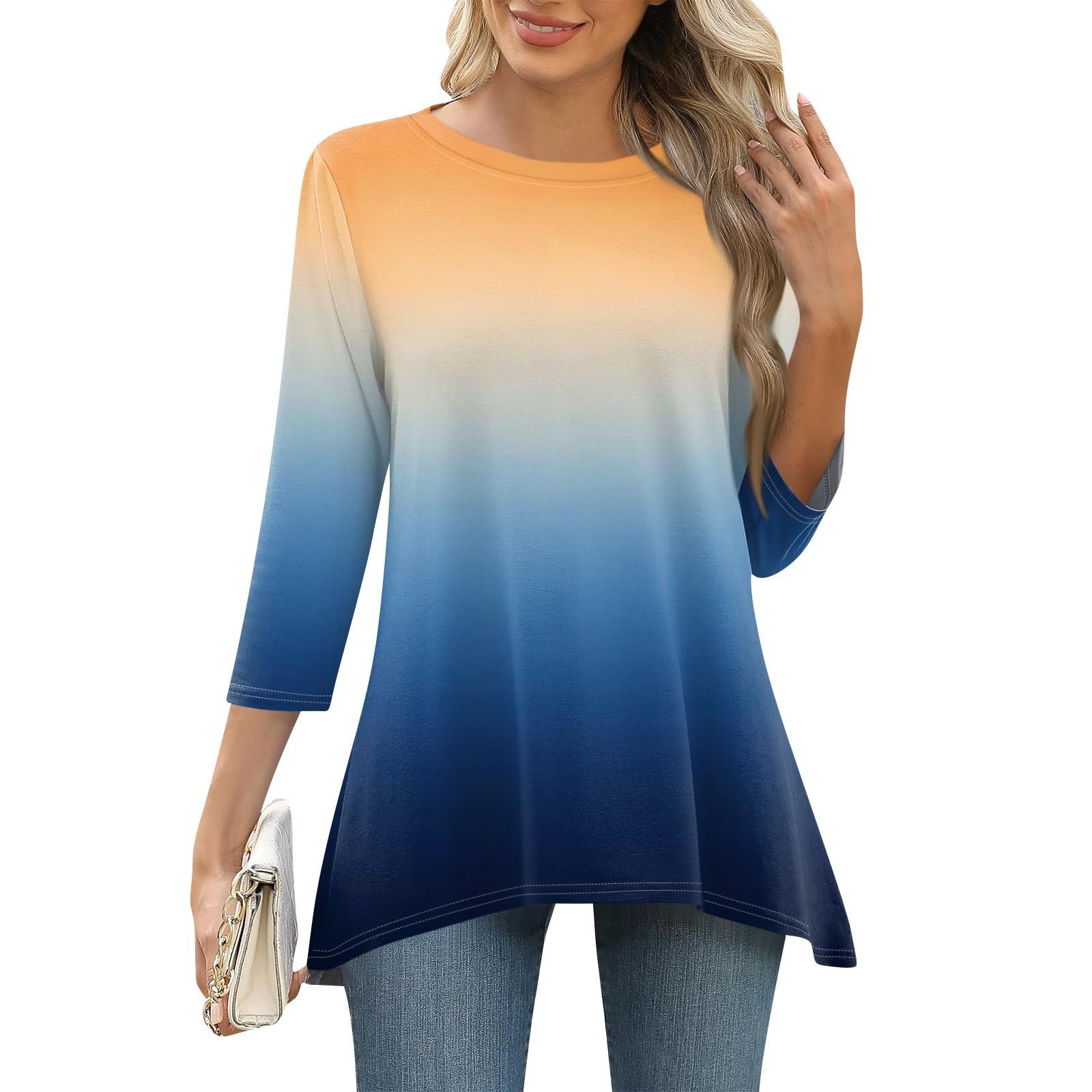 

3/4 рукав туника топы для женщин принтованный повседневный выходной свободный крой модная базовая футболка с круглым вырезом XL жёлтый