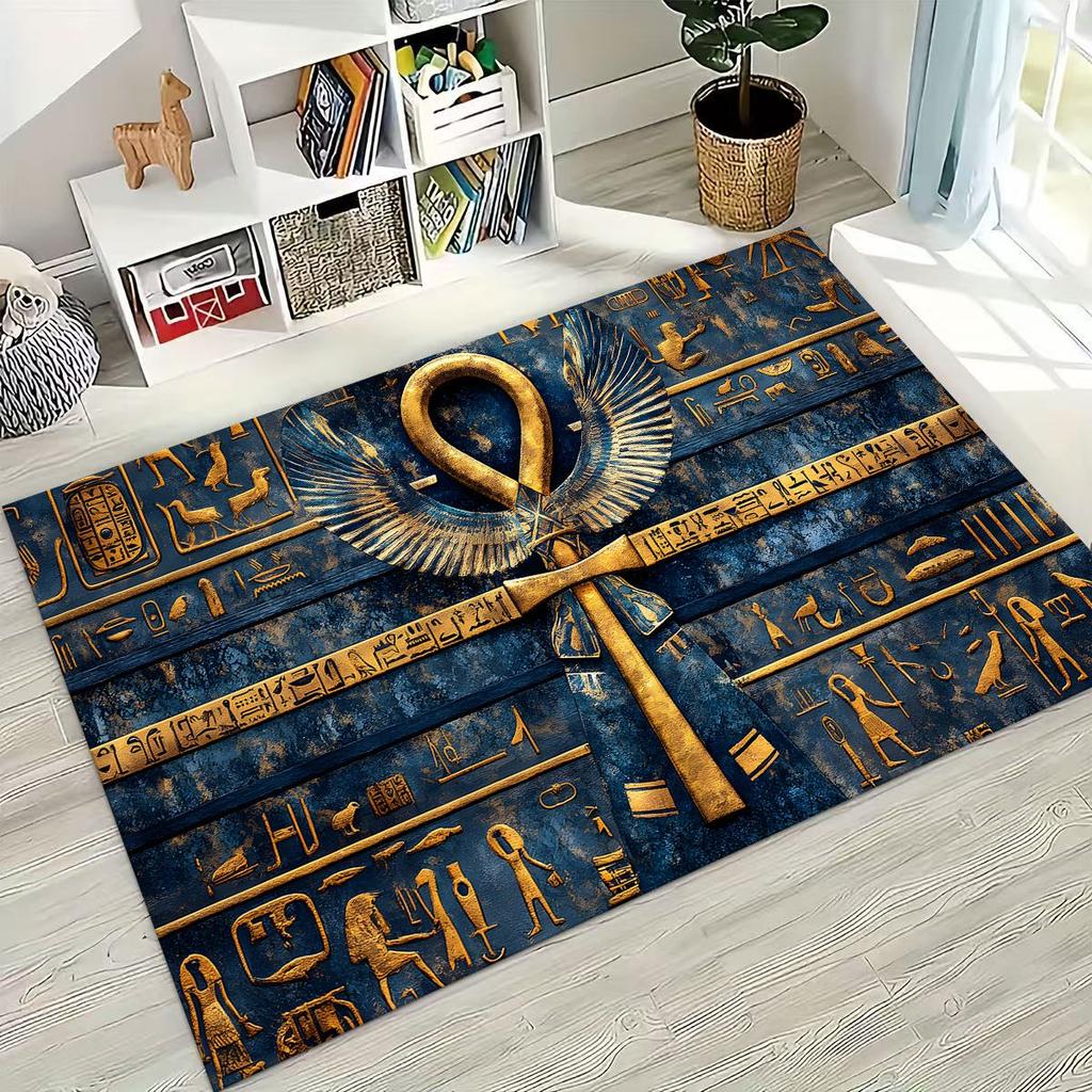 Ancient Egyptian Hieroglyphic Symbols Carved Murals Rug for Bedroom Living Room Sofa Home Doormat Decor,Kids Non-slip Floor Mat