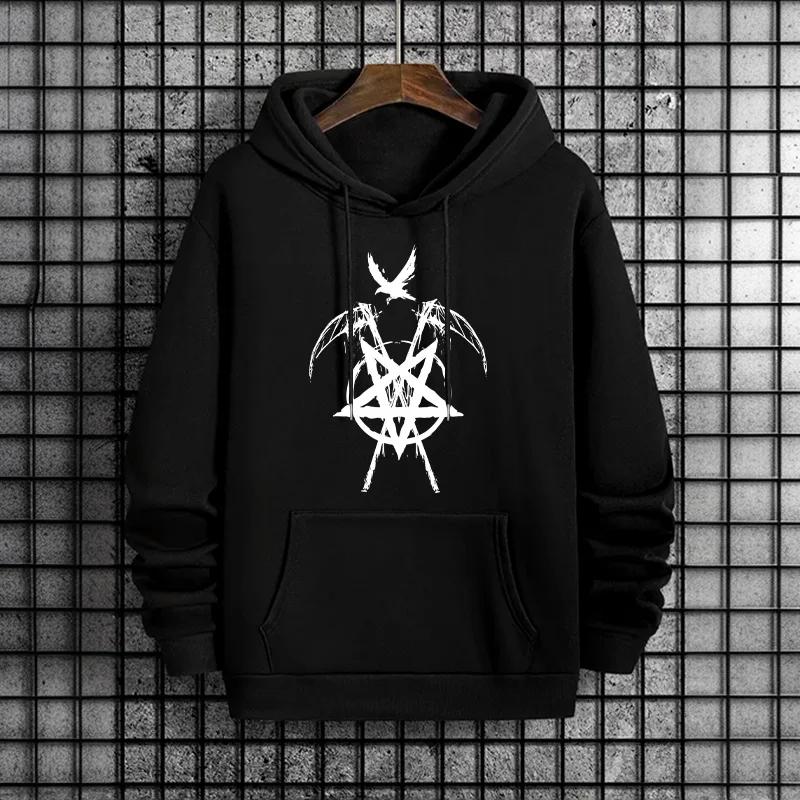 Mens Hip Hop Inspired Hoodies 2025 Urban Streetwear Fashion Hooded Sweatshirt Male Trendy Casual Satan Pentagram Print Outerwear