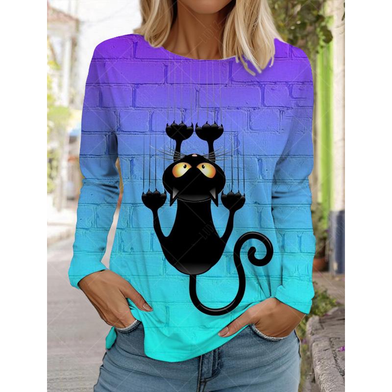 2024 Modedesign Dam T-shirts 3D-tryck Kawaii Kattgrafik Långärmad Rund hals Normal passform Vår/Höst Roliga Sportkläder