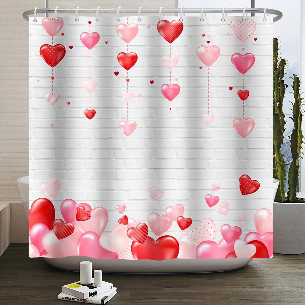 Happy Valentines Day Heart Shower Curtain Red Pink Romantic Falling Love Heart Sweet Lovers Waterproof Bathroom Curtain Decor