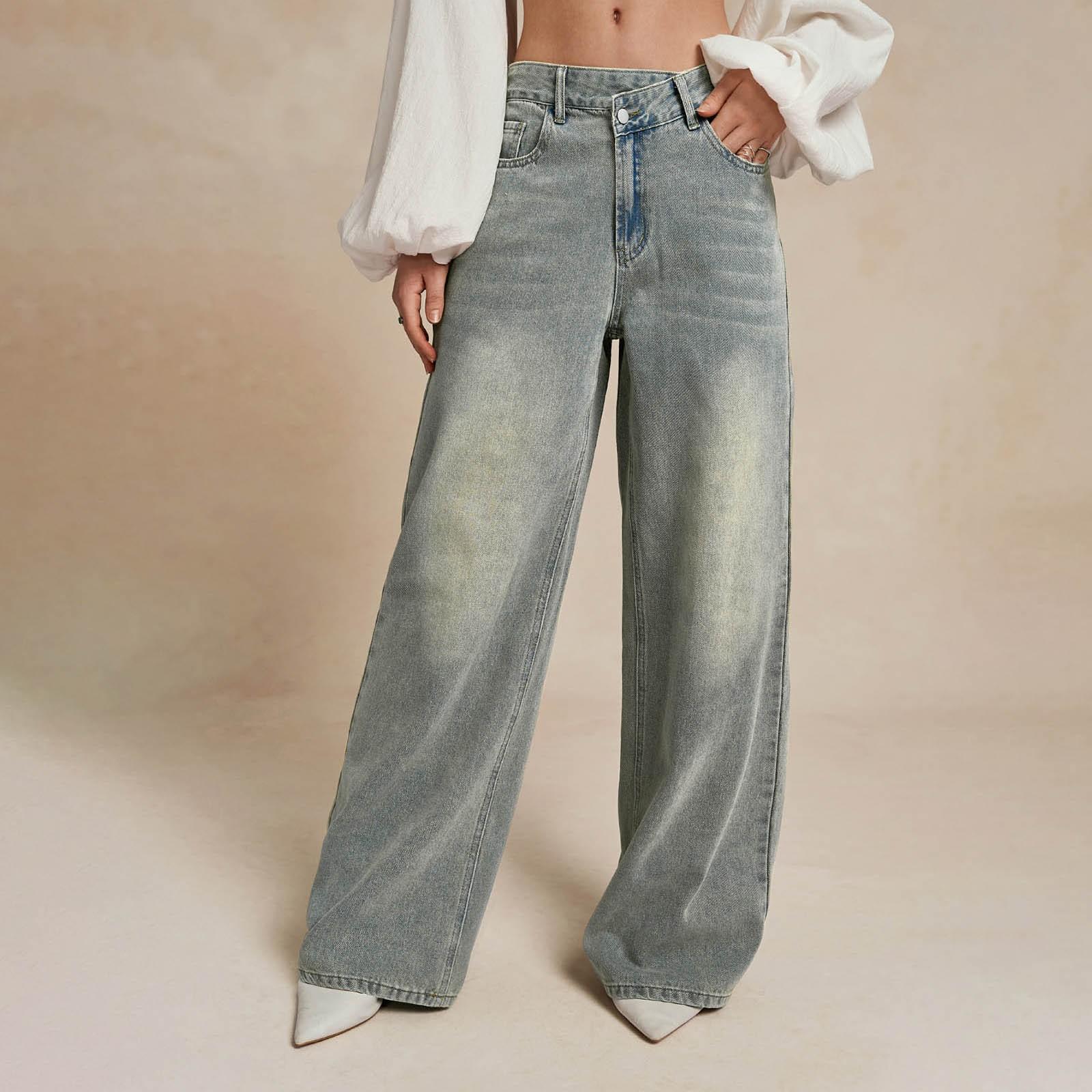 

Women Spring Vintage Loose Wide-Leg Street Mid-Waist Jeans And Pants L