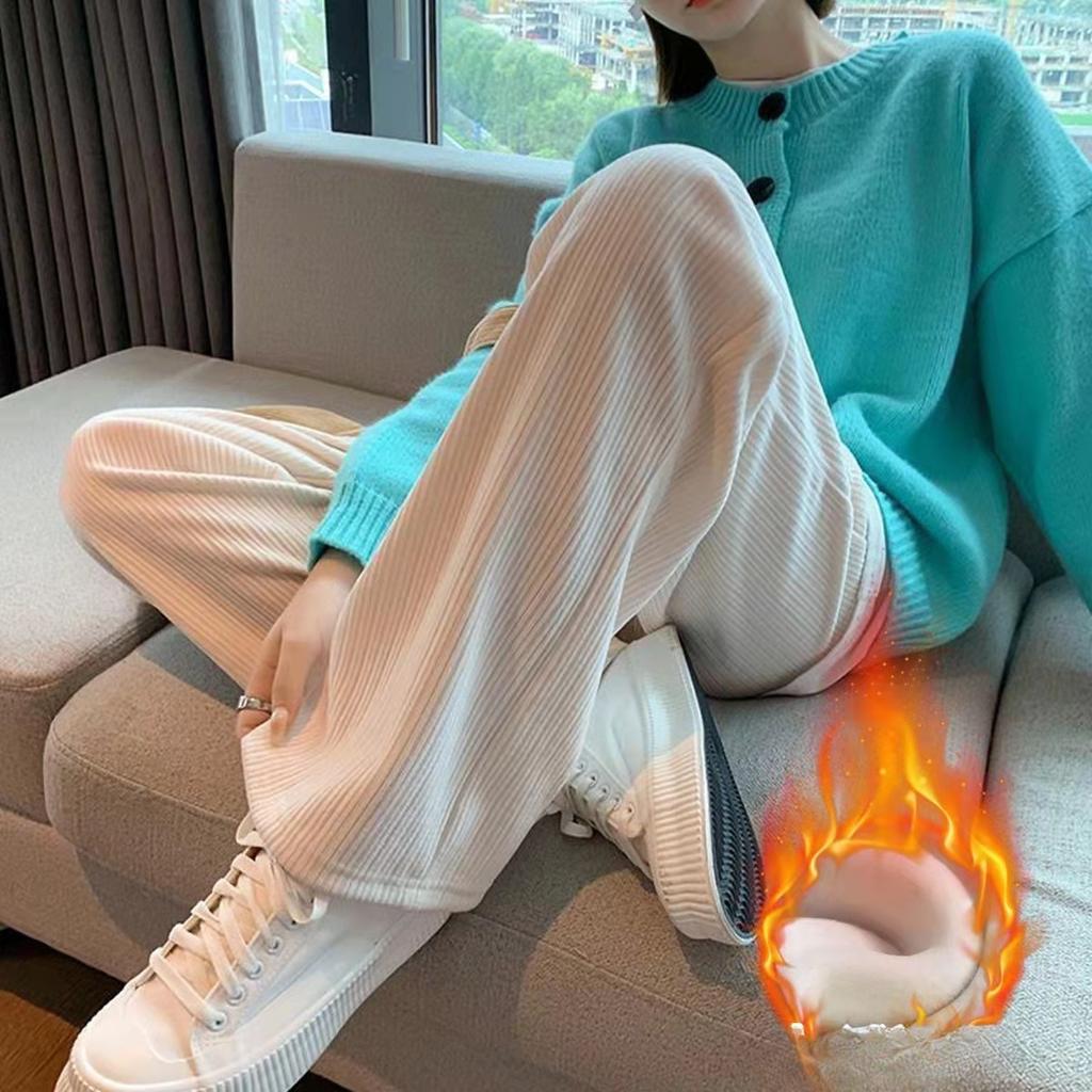 Chenille Wide Leg Pants Women Fleece Lined Autumn Winter Slim Draping Straight Cut Relaxed Corduroy Trousers