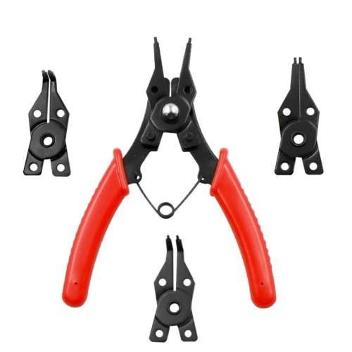Set of 4 Combination Snap Ring Pliers (180, 90, 45, 6-Way Use with 3 Interchangeable Heads) for Shafts and Holes (Red)