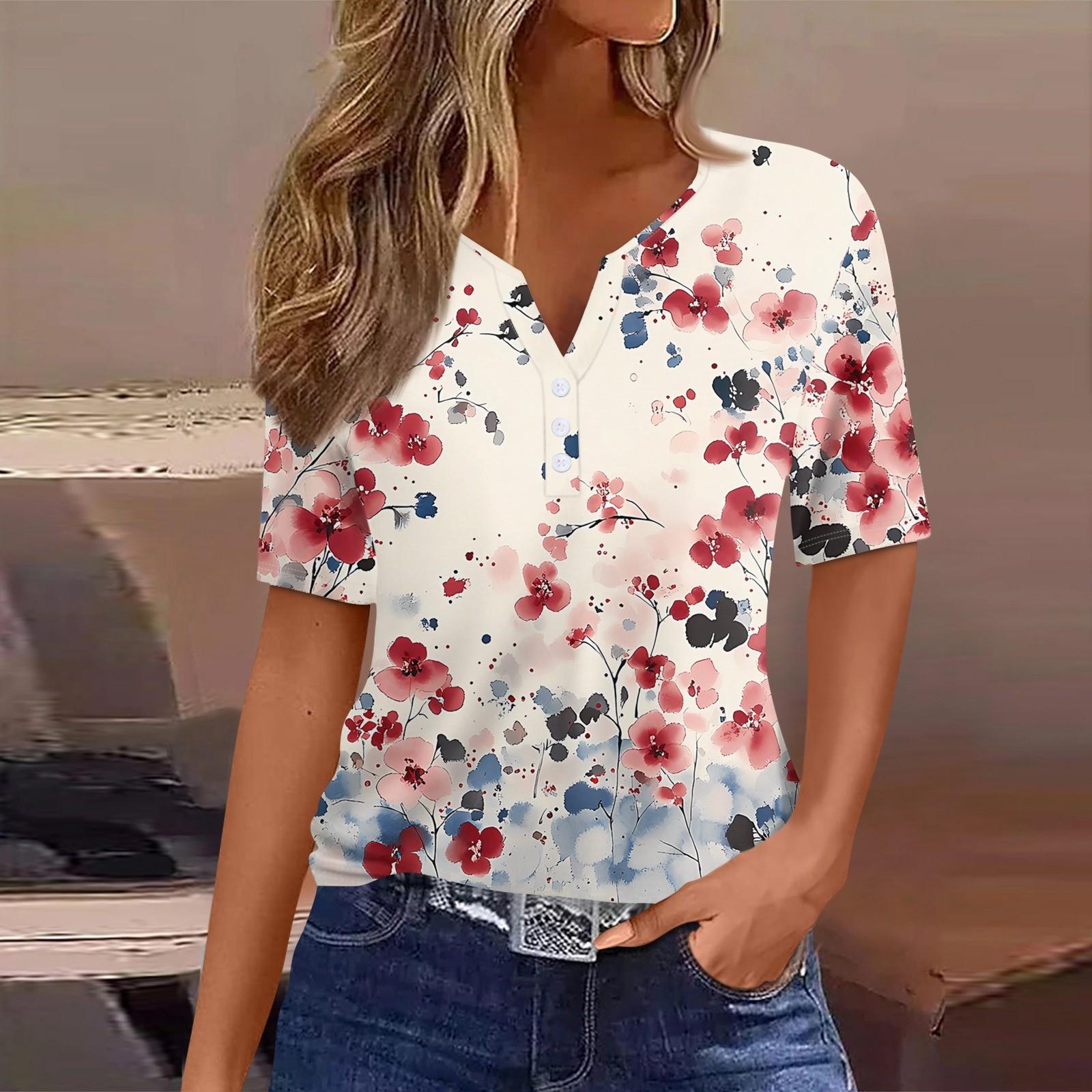 

Жен. Футболка С принтом Пуговицы С короткими рукавами Повседневные Выходные Мода Классический V-образный вырез Обычный Верх XL