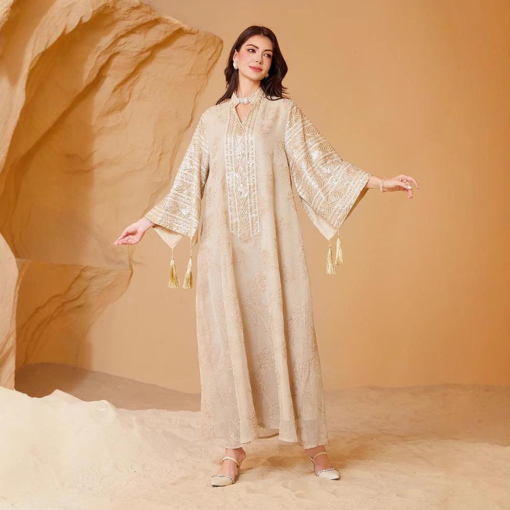 SW68 Muslim Embroidery Sequin Plus Size Women's Dubai Long Robe