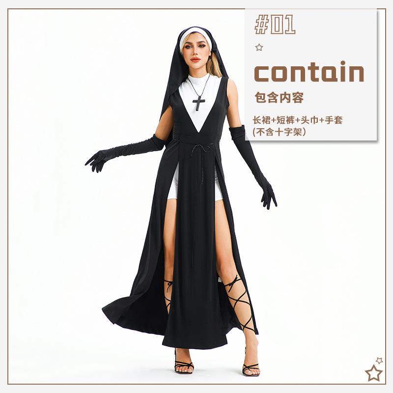 Halloween Adult Costume Cosplay Mardi Gras Nun Costume Virgin of the Cross Dress Show Out Costume