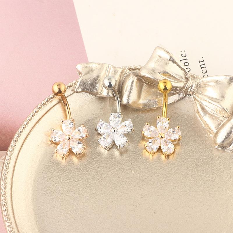 Exquisite Zircon Stainless Steel Body Jewelry Flower Belly Button Rings Dangling